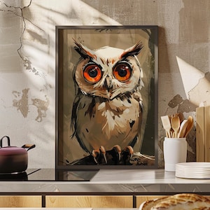 Cute Big Eyes Owl Painting Poster or Canvas Print, Owl Moody Art Wildlife Bird Art Forest Animal Dark Print, Owl Portrait Bird Lover Gift