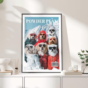 Powder Peak Ski Dog Portrait Retro Wall Art Poster or Canvas Print, Winter Skiing Funny Dog Art Print, Vintage Dog Ski Funny Home Decor
