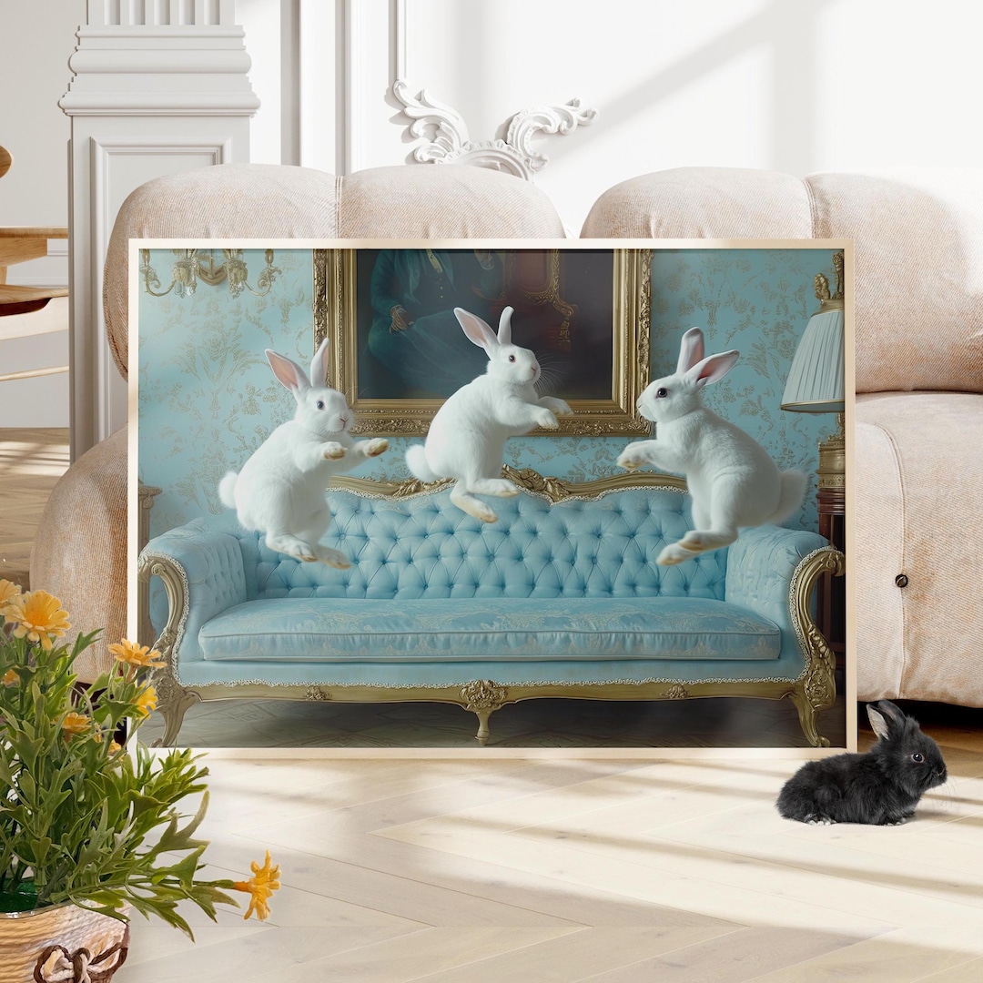 Playful Cute Rabbits Jumping on a Vintage Sofa Painting