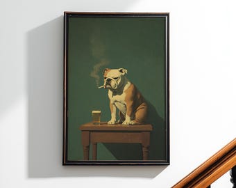 Bulldog With Cigarette and Beer Wall Art Poster or Canvas Print, Olive Green Dog Art, Retro Oil Painting Style Artwork, Whimsical Bar Decor