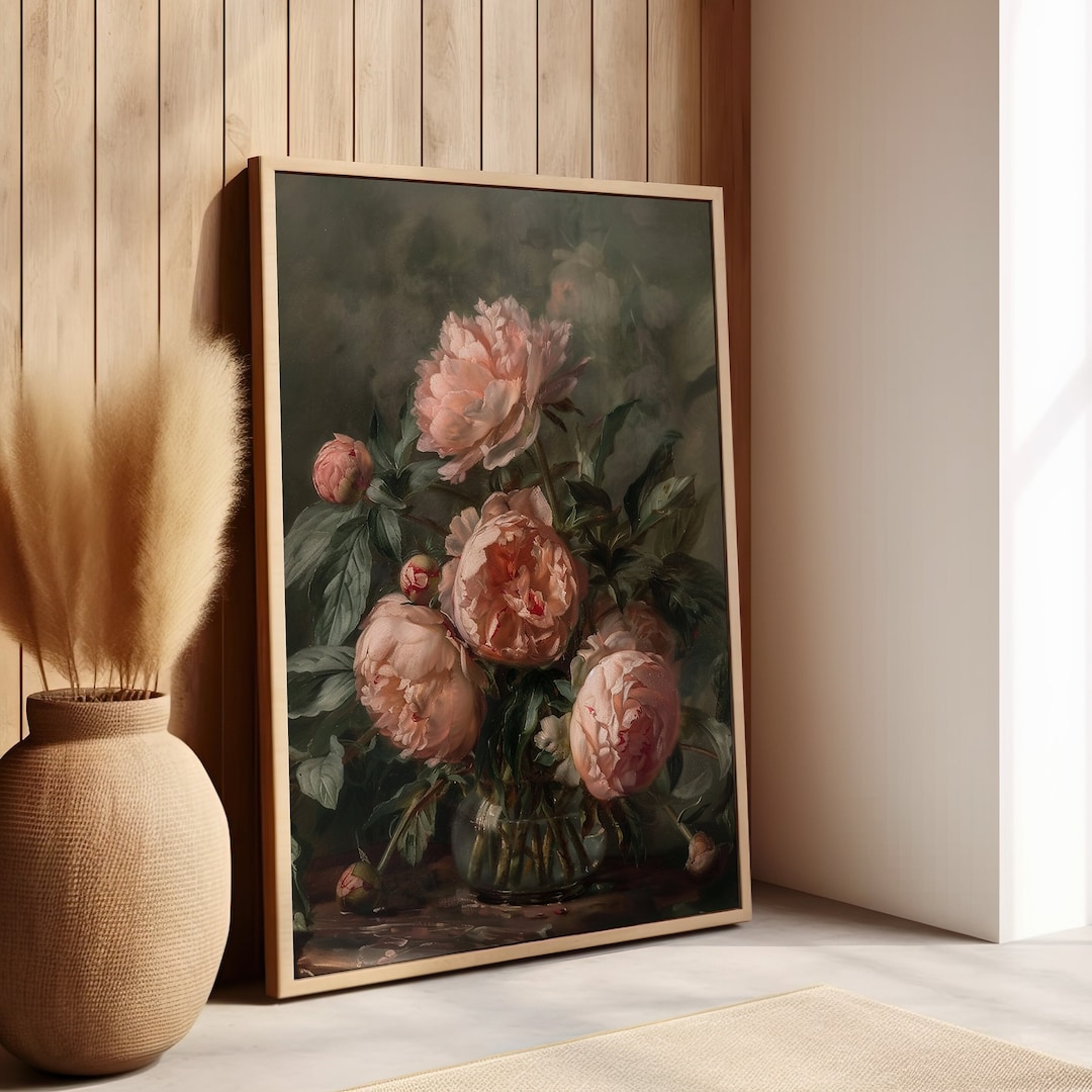 Vintage Pink Peonies Painting Dark Floral Art Print, Floral Cottagecore ...