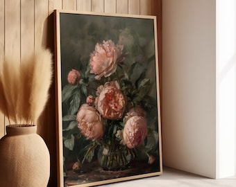 Vintage Pink Peonies Painting Dark Floral Art Print, Floral Cottagecore Decor, Vintage Wall Art, Canvas or Poster Print, Farmhouse Decor