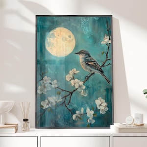 Vintage Nightingale on Moonlit Branch William Morris Inspired Oil Painting Poster or Canvas Print, Moon and Nightingale Floral Botanical Art