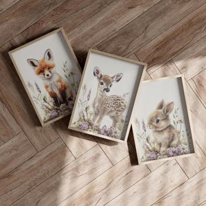 Cute Baby Woodland Animals Set of 3 Prints Poster or Canvas, Nursery Wall Decor, Wildlife Prints Girl's Room Decor, Minimalist Art Print