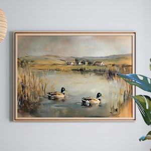 Mallard Ducks Swimming in a Lake Vintage Oil Painting Poster or Canvas Print, Duck Nursery Decor, Rustic Farm Animal Countryside Painting