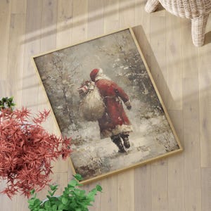 Vintage Santa Claus in Snowy Forest Painting Poster or Canvas Print, Cozy Christmas Wall Art, Rustic Holiday Decor, Muted Winter Aesthetic