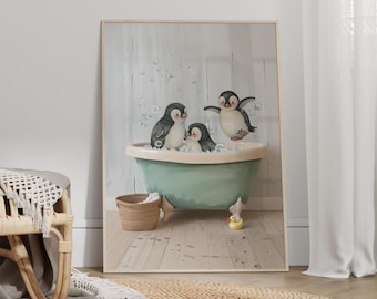 Three Penguins in the Bathtub Vintage Art Nursery Wall Decor Poster or Canvas Print, Cute Penguins Bathroom Sign, Whimsical Animal Art Print