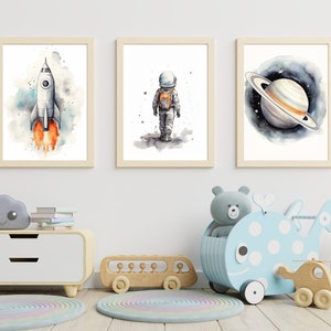 Nursery Decor Space Boy, Nursery Wall Art Space, Watercolor Space Nursery Prints, Astronaut Prints, Outer Space Prints Set Of 3 Wall Art