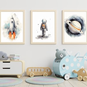 Kinderzimmer Dekor Space Boy 3er Set Wandkunst oder Leinwand, Kinderzimmer Wandkunst Weltraum, Aquarell Weltraum Kinderzimmer Drucke, Astronaut Drucke Weltraum