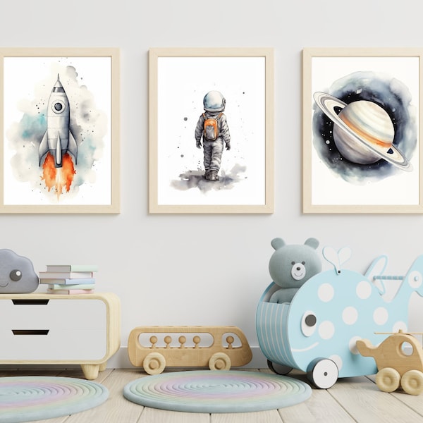 Décoration de chambre d'enfant Space Boy, toile d'art mural pour chambre d'enfant, impression d'astronautes, aquarelle, lot de 3 oeuvres d'art murales