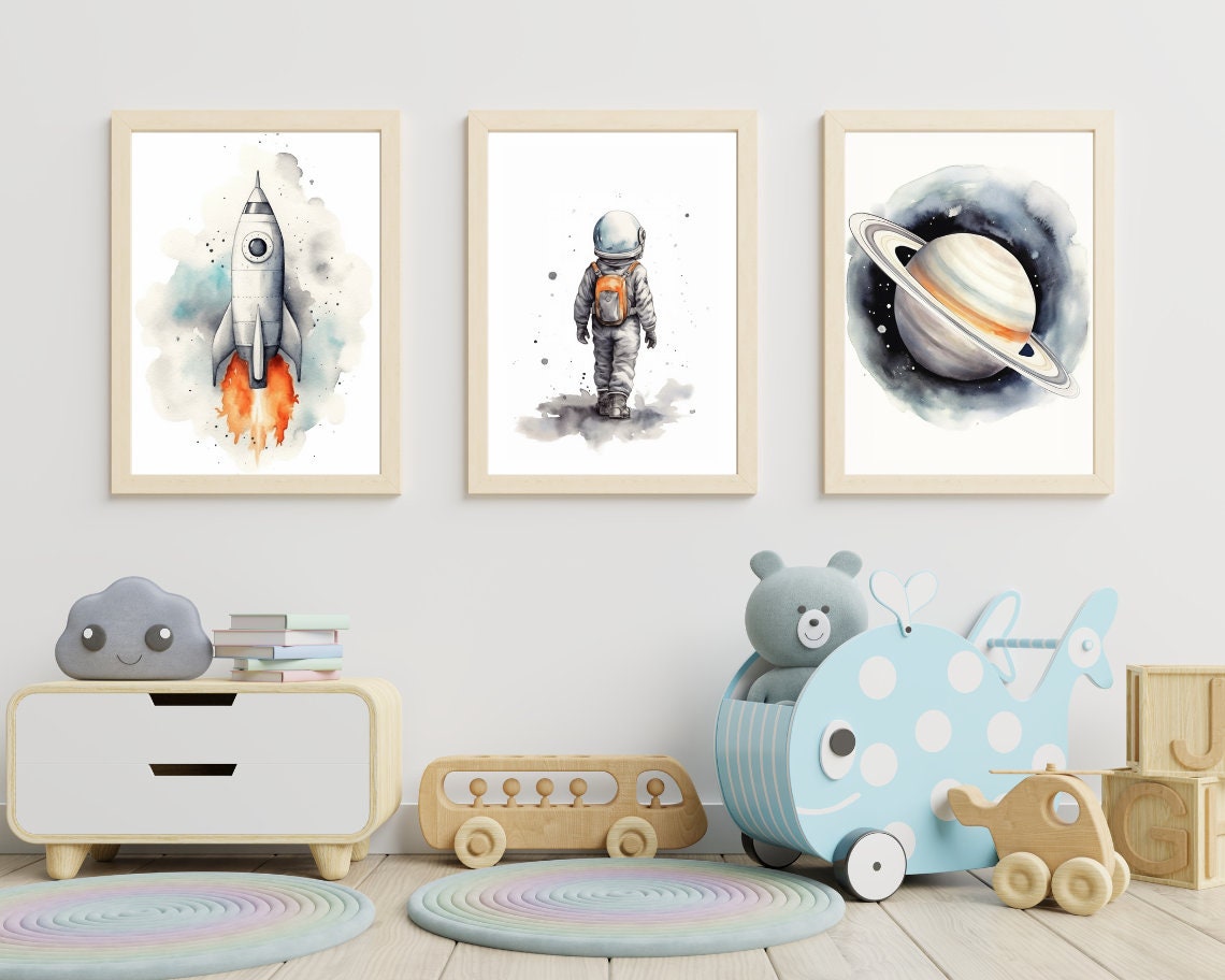 Personalized Gift Set of 3 Space Prints Galaxy Wall Art Nursery Name Sign Artwork Inspirational Kids Poster Kids Wall Art Space lovers, Size: Canvas