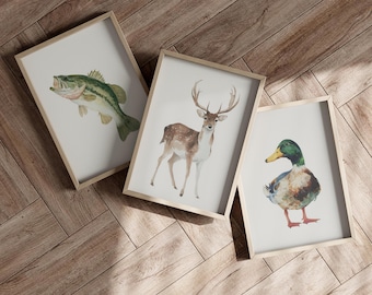 Watercolor Hunting and Fishing Art Set of 3 Poster or Canvas Print, Mallard Duck, Fish and Deer Print Set, Outdoor Theme Nursery Wall Decor