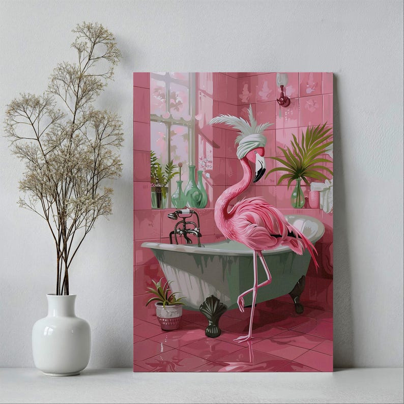 May include: A pink flamingo with a white towel on its head stands in a white bathtub in a pink bathroom. The flamingo is in a bathroom setting with pink tiles and a green plant.