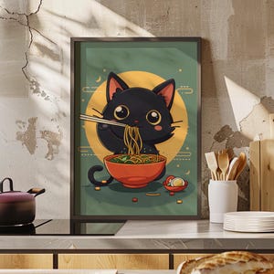 Lindo gato negro de dibujos animados comiendo ramen cartel de arte de pared o impresión de lienzo, arte de pared japonés, gato de fideos japonés, decoración de cocina de gato negro de Tokio