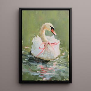May include: A white swan with a pink ribbon around its neck floats on a green pond with pink flower petals. The swan is painted in a realistic style with a focus on the details of its feathers and the reflection of the water.