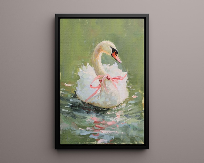 May include: A white swan with a pink ribbon around its neck floats on a green pond with pink flower petals. The swan is painted in a realistic style with a focus on the details of its feathers and the reflection of the water.