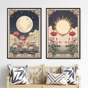The Moon and The Sun Tarot Card Art Prints 2-Piece Set Poster or Canvas, Lotus Celestial Art, Boho Mystical Decor, Vintage Astrology Poster