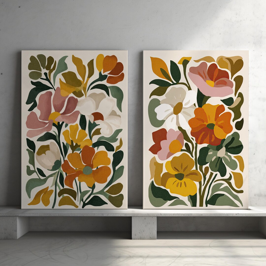 Abstract Boho Flowers Set of 2 Poster or Canvas Print, Wildflowers ...