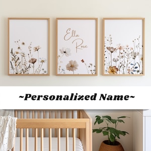 Benutzerdefinierte Wildblumen Boho-Wanddekor-Poster oder Leinwanddrucke, Kinderzimmer-Wand-Kunst-Mädchen, personalisierter Name Baby-Kinderzimmer, Baby-Namen-Dekoration