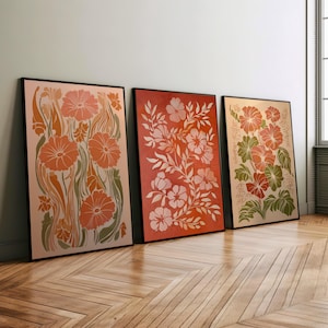 Boho Abstract Wildflowers Set of 3 Poster or Canvas Print, Mid-Century Modern Botanical Art Print, Terracotta Wall Art Floral Wall Decor