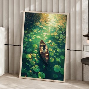 Girl Rowing Amid Lotus Leaves and Water Lilies on Emerald Lake Art Poster or Canvas Print, Dreamy Wall Art, Green Lake Art Rowing Boat Print