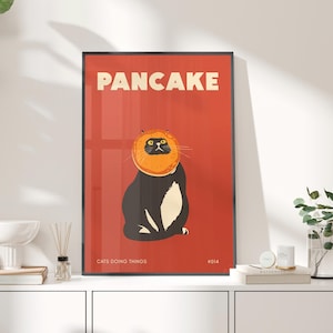 Cat Doing Things Black Cat Pancake Face Poster or Canvas Print, Cat Posters, Funny Cat Kitchen Decor, Retro Cat Wall Art, Humorous Cat Print