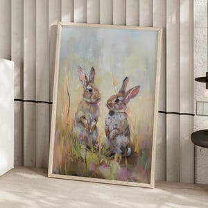 Easter Bunnies in a Field Painting Art Print or Canvas, Spring Bunny Vintage, Easter Rabbit Nursery Decor, Farmhouse Decor, Whimsical Bunny