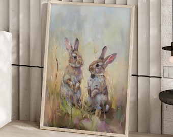 Easter Bunnies in a Field Painting Art Print or Canvas, Spring Bunny Vintage, Easter Rabbit Nursery Decor, Farmhouse Decor, Whimsical Bunny