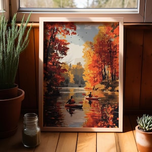 Vintage Kayak Autumn River Painting Poster or Canvas, Fall River Trees Serene Scenic Art, Red and Orange Nature Art, Peaceful Landscape Art