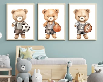 Sporty Teddy Bear Wall Art Set Of 3, Soccer Ball Football Basketball Print, Sports Ball Poster, Trendy Boy Bedroom Decoration