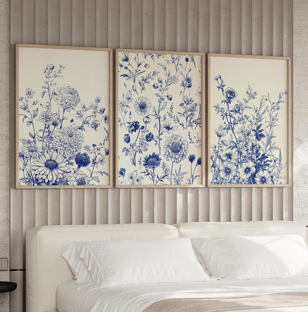 Blue Floral Botanical Line Art Set of 3 Poster or Canvas Print ...