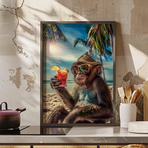 Monkey on the Beach Poster Print or Canvas, Monkey Cocktail Art Print, Monkey on Vacation Wall Art, Modern Maximalist Animal Monkey Bar Cart