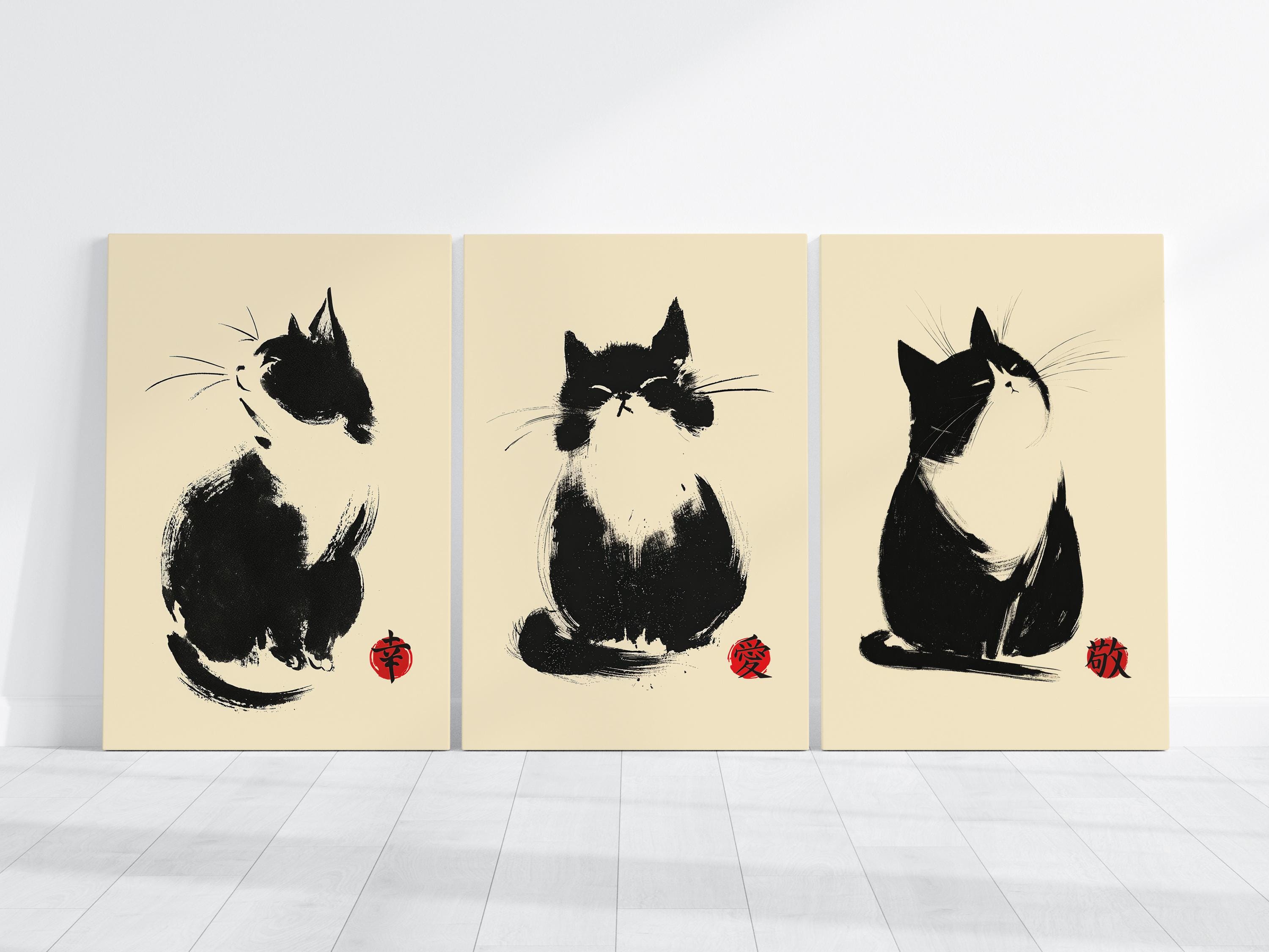 Japanese Cat Print Set of 3 Wall Art Poster or Canvas Print, Japanese ...