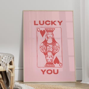 Pink Lucky You Queen Card Wall Art Poster or Canvas Print, Queen of Hearts Typography Art Print, Playing Cards Art Trendy Queen Funky Poster