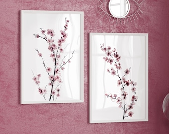 Pink Cherry Blossoms Branches Watercolor Art Prints Poster or Canvas, Japanese Minimalist Floral Wall Decor, Sakura Flower Japandi Art Print