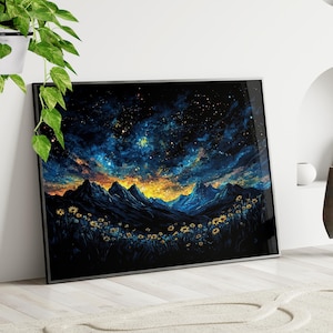 Cosmic Sunset Mountains Wall Art Poster or Canvas Print, Wildflower Field under Starry Night Sky Van Gogh Inspired Dark Cottagecore Decor