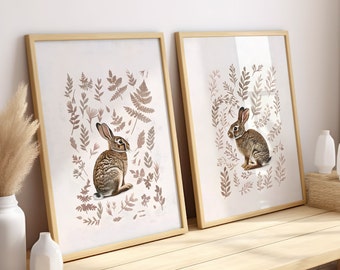 Bunnies in a Field 2-Piece Set Wall Art Canvas or Poster Print, Vintage Rabbit Art Print, Nursery Wall Art, Woodland Botanical Bunny Print