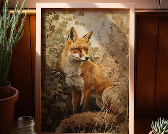 May include: A red fox with white fur on its chest and neck is sitting in a forest setting. The fox is looking to the right of the image. The background is a blurred image of green leaves and branches.