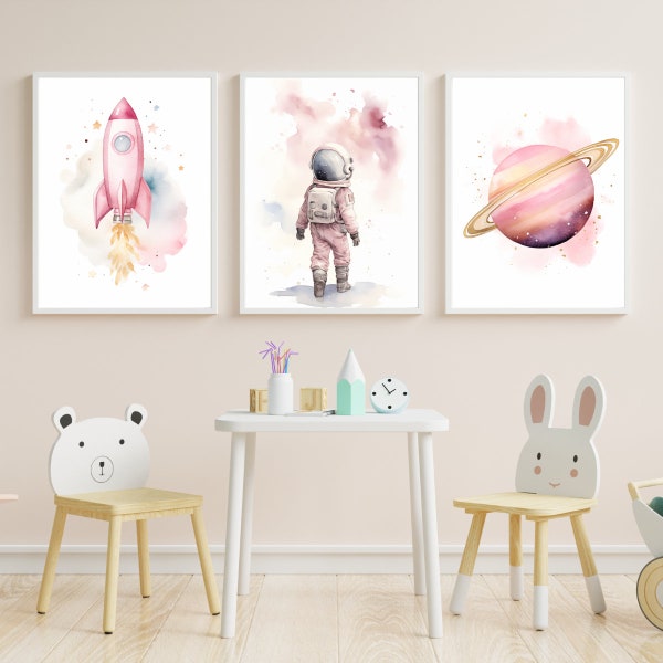 Pink Nursery Decor Space Girl Canvas, Nursery Wall Art Space, Watercolor Space Nursery Prints, Astronaut Prints, Outer Space Set Of 3 Poster