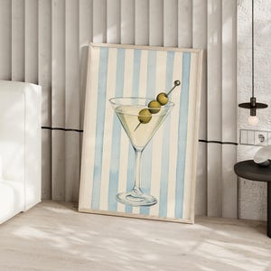 Blue Stripe Martini Watercolor Painting Poster or Canvas Print, Vintage Bar Cart Art Decor Print, Cocktail Retro Dorm Martini Art Print