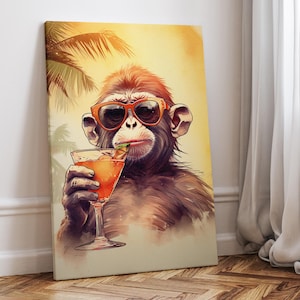 Cool and Funny Party Animal Wall Art Print or Canvas, Tipsy Monkey Bar Cart Deco, Vintage Whimsical Monkey Martini Painting Whimsical Poster