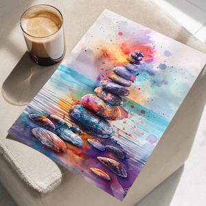 Zen Stones Stack Watercolor Painting Ocean Art Print Poster or Canvas, Colorful Coastal Art, Oceanic Boho Zen Art Stacked Stones Wall Art