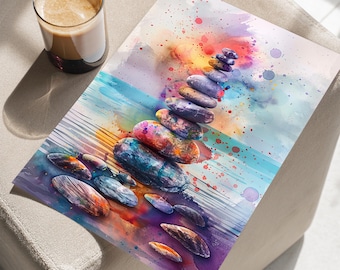 Zen Stones Stack Watercolor Painting Ocean Art Print Poster or Canvas, Colorful Coastal Art, Oceanic Boho Zen Art Stacked Stones Wall Art