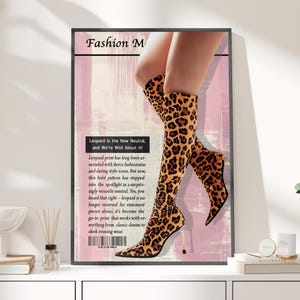 Leopard Boots Pink Newspaper Print Poster or Canvas, Trendy Wall Art, Fashion Art Print, Magazine Cover Poster Girly Preppy Dorm Room Decor