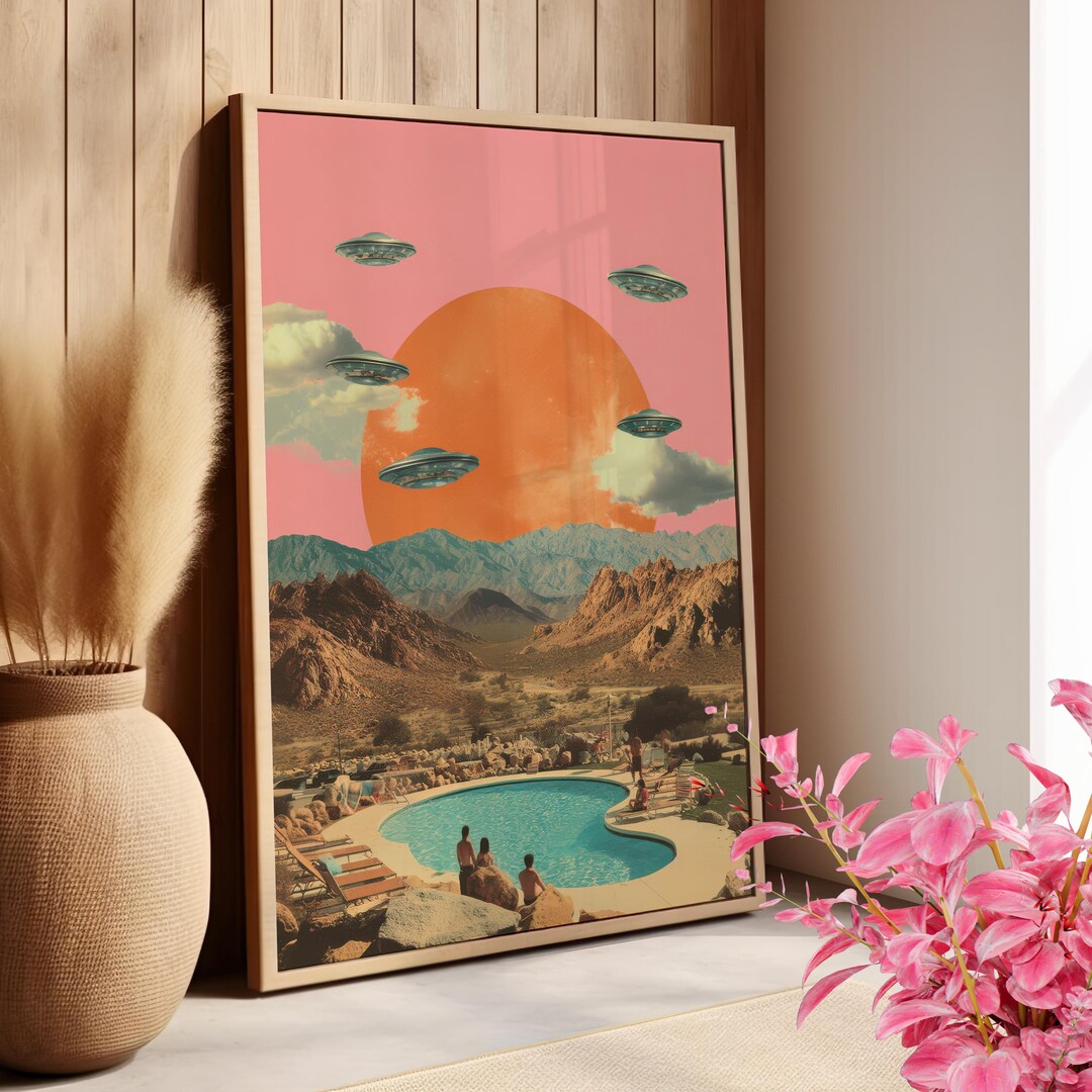 Retro UFO Arizona Desert Pool Art Poster or Canvas Print, Vintage Sci ...