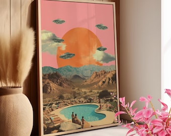 Retro UFO Arizona Desert Pool Art Poster or Canvas Print, Vintage Sci-Fi Surreal Poster, Trippy Alien Wall Art, Sunset Flying Saucer Print