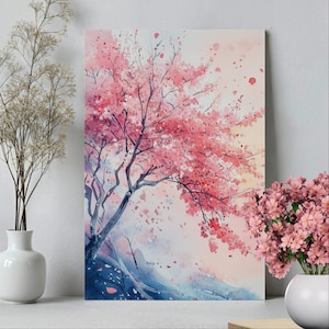Watercolor Cherry Blossom Tree under Pink Sunset Poster or Canvas Print, Sakura Flowers Pink Tree Spring Wall Decor, Blue and Pink Wall Art