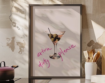 Martini Cocktail Print Extra Dirty Please Typography Wall Art Poster or Canvas Print, Retro Cocktail Wall Art, Bar Cart Print, Alcohol Print