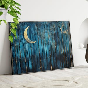 Golden Crescent Moon Dark Forest Wall Art Poster or Canvas Print, Cottagecore Decor Moody Dark Academia Art, Celestial Blue Starry Night Sky