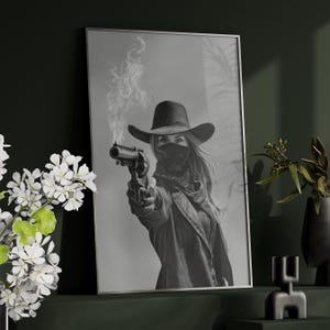 Western Cowgirl Six Shooter Wall Art Poster or Canvas Print, Wild West Outlaw Wall Art, Vintage Western Bar Decor, Southwestern Home Print